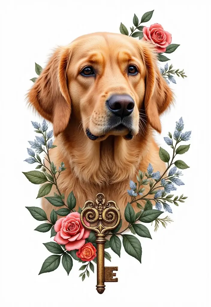 30 Golden Retriever Memorial Tattoos Honoring Beloved Pets - 18. Golden Retriever with a Key