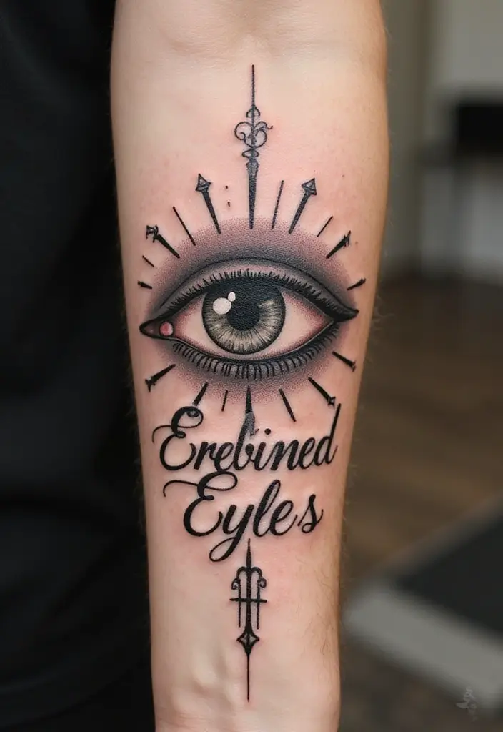30 Greek Eye Tattoo Meaning and Stunning Design Ideas - 18. Greek Eye with Script Typography