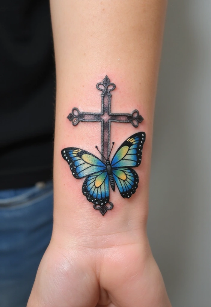 30 Hand Cross Tattoos That Blend Faith and Style - 18. Cross with Butterfly