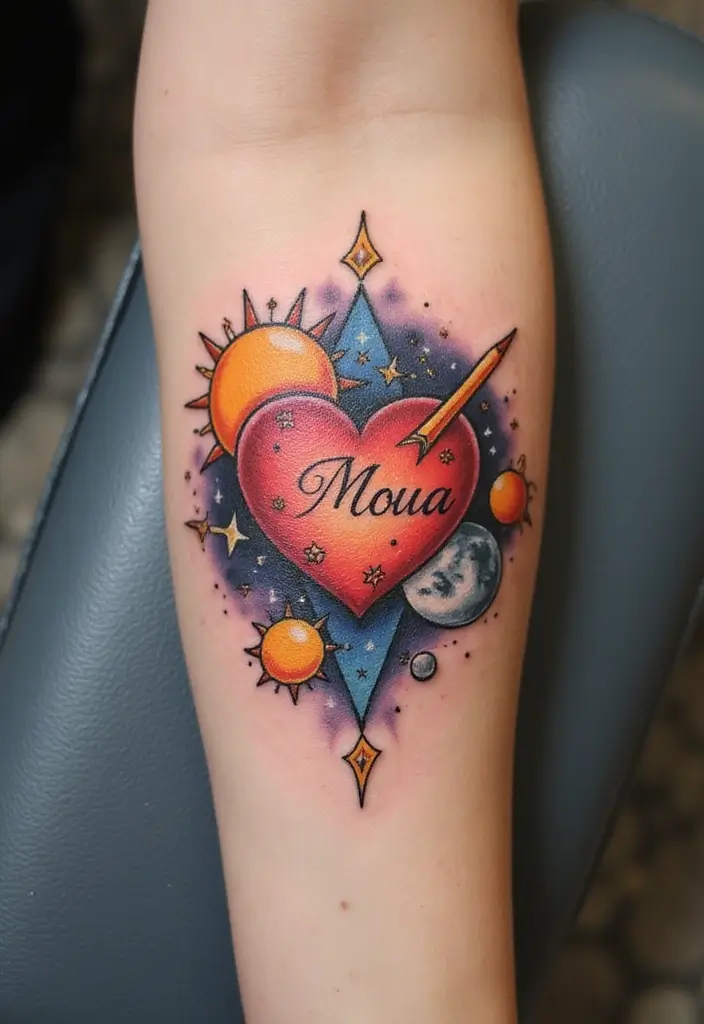 30 Heart Tattoos with Names to Celebrate Love and Bonds - 18. Heart with Sun and Moon