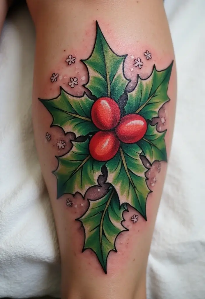 30 Holly Tattoo Meaning and Creative Design Ideas - 18. Holly Tattoo with Background Elements