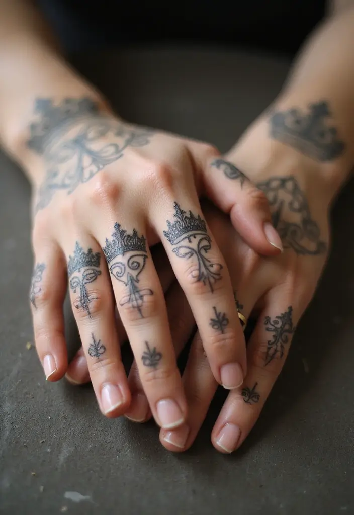 30 King and Queen Tattoos Finger Designs for Couples - 18. Vintage Scroll Crowns