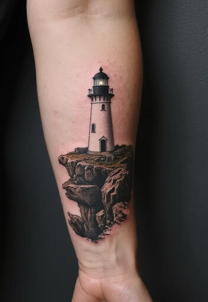 30 Lighthouse Forearm Tattoo Ideas That Guide the Way - 18. Lighthouse and Cliffs