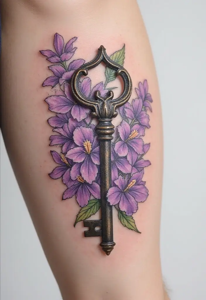 30 Lilac Flower Tattoo Designs with Gentle Symbolism - 18. Lilac and Key