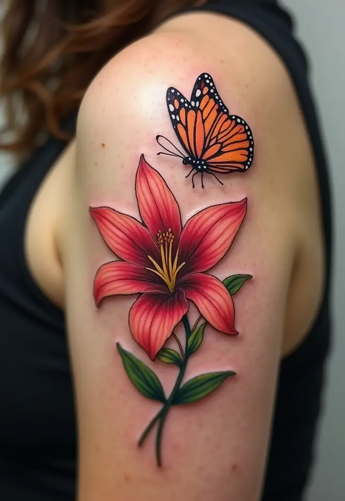 30 Lily Tattoos for Men That Balance Strength and Elegance - 18. Lily with Butterfly
