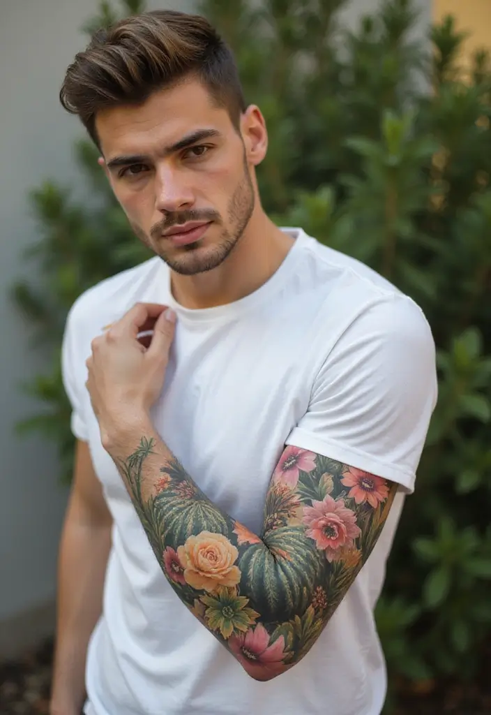30 Men’s Floral Tattoo Half Sleeve Inspirations - 18. Majestic Cacti and Succulents