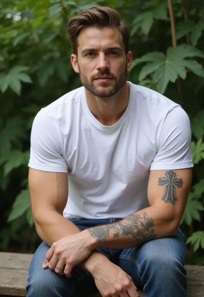 30 Mens Flower Sleeve Tattoo Ideas with Bold Florals - 18. Floral Cross: Faith and Nature
