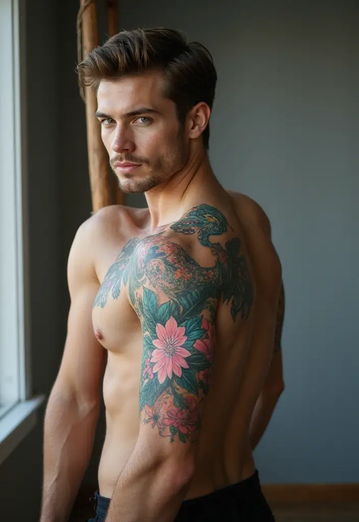 30 Creative Mermaid Tattoos for Men with Ocean Spirit - 18. Floral Mermaid