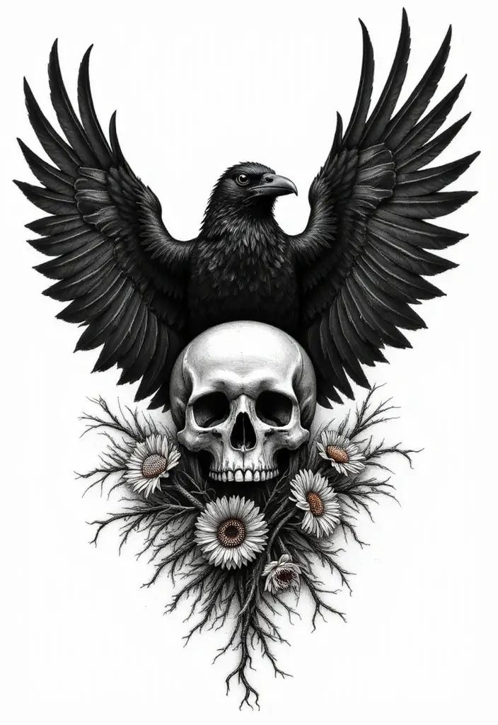30 Raven Tattoo Shoulder Designs That Look Powerful - 18. Tattoo with Raven and Skull