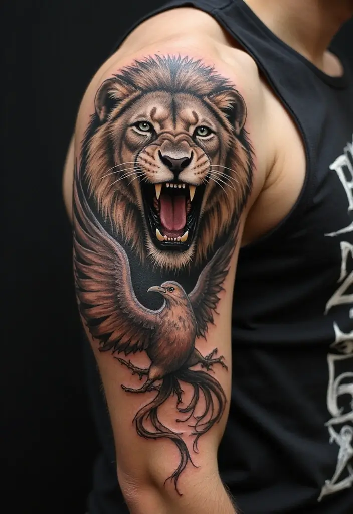 30 Roar Lion Tattoo Inspirations That Show Strength - 18. Lion and Phoenix: Rebirth and Strength