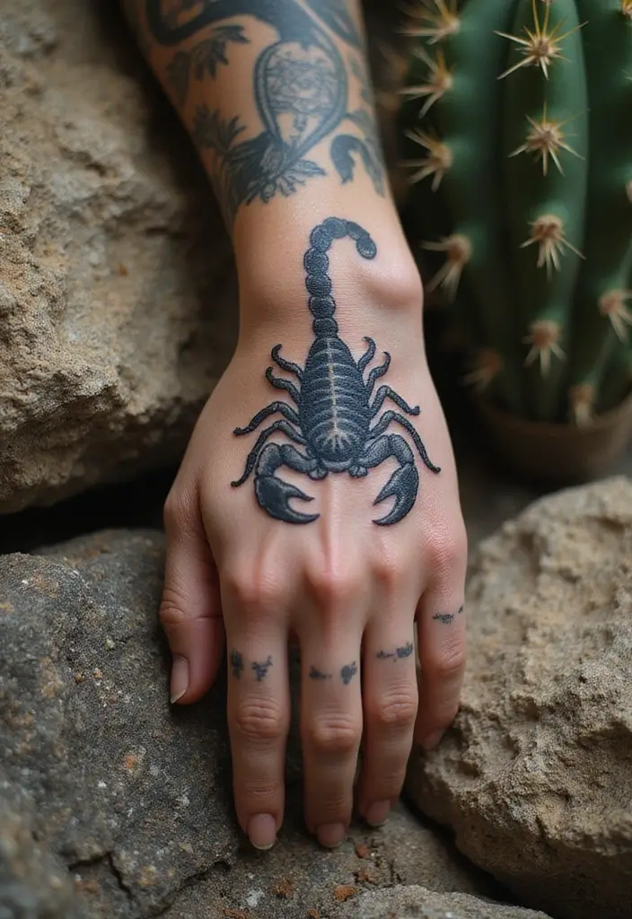 30 Scorpion Tattoo on Hand Meaning and Bold Designs - 18. Scorpion Tattoos with Nature Scenes: Reflecting the Wild