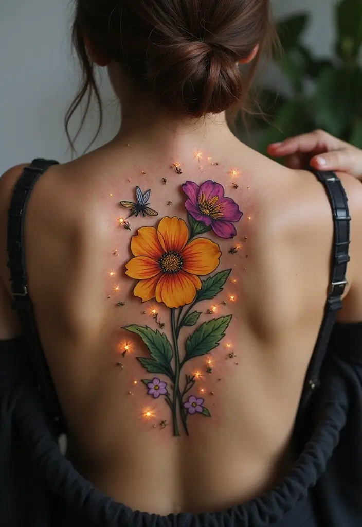 30 September Birth Flower Tattoo Ideas with Meaning - 18. Morning Glory with Fireflies