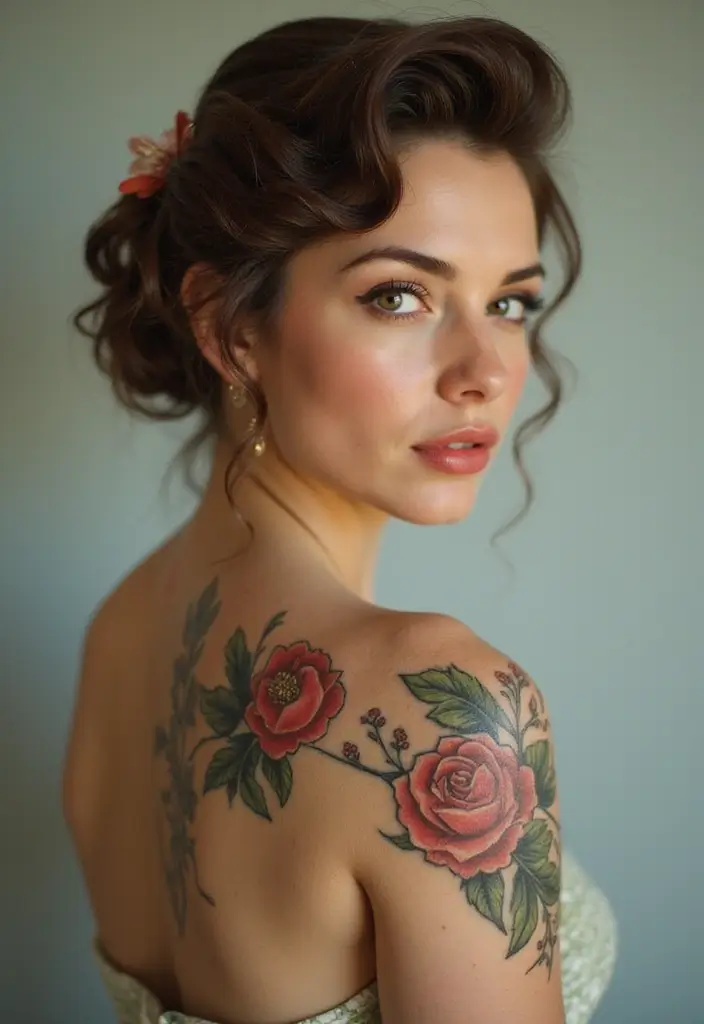 30 Shoulder and Back Tattoos for Women That Look Stunning - 18. Vintage Pin-Up