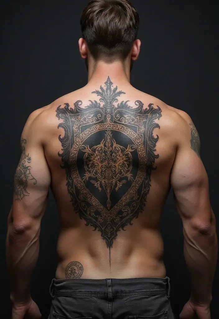 30 Shoulder and Back Tattoos for Guys with Masculine Energy - 18. The Shield