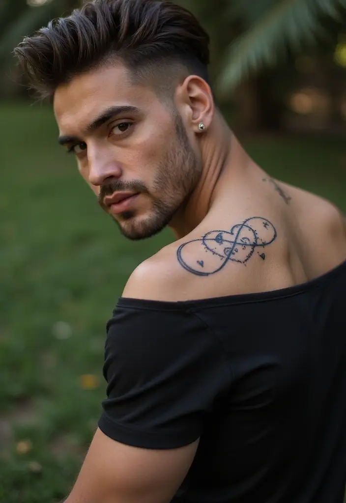 30 Shoulder Tattoos for Men with Meaningful Designs - 18. Infinity Symbol: Endless Love and Connection