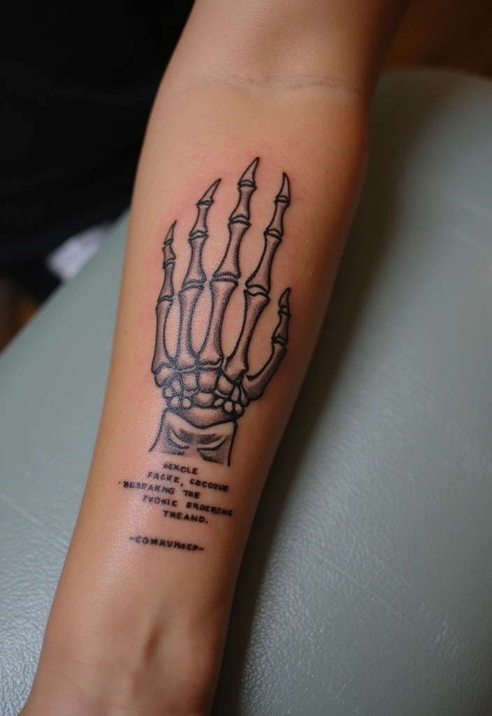 30 Skeleton Hand Tattoos with Edgy and Dark Styles - 18. Personalized Text Elements