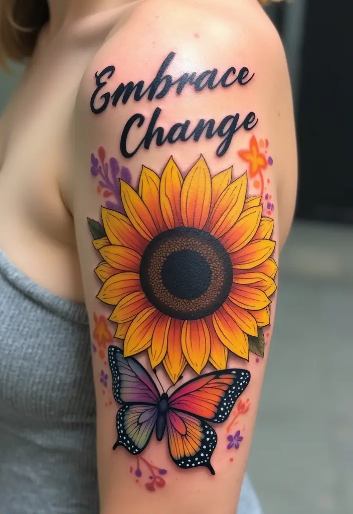 30 Sunflower and Quote Tattoo Ideas Full of Positivity - 18. Sunflower and Butterfly with 'Embrace Change'
