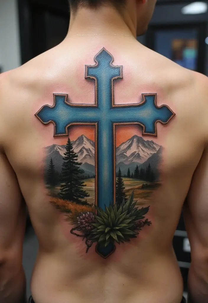 30 Tattoo Cross 3D Designs That Look Realistic - 18. Cross on a Mountain