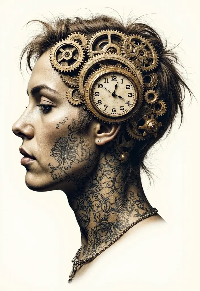 30 Bold Tattoo Head Designs That Stand Out - 18. Steampunk Elements