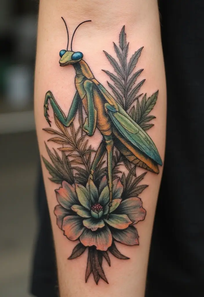 30 Traditional Praying Mantis Tattoo Ideas You’ll Love - 18. Vintage Style Mantis