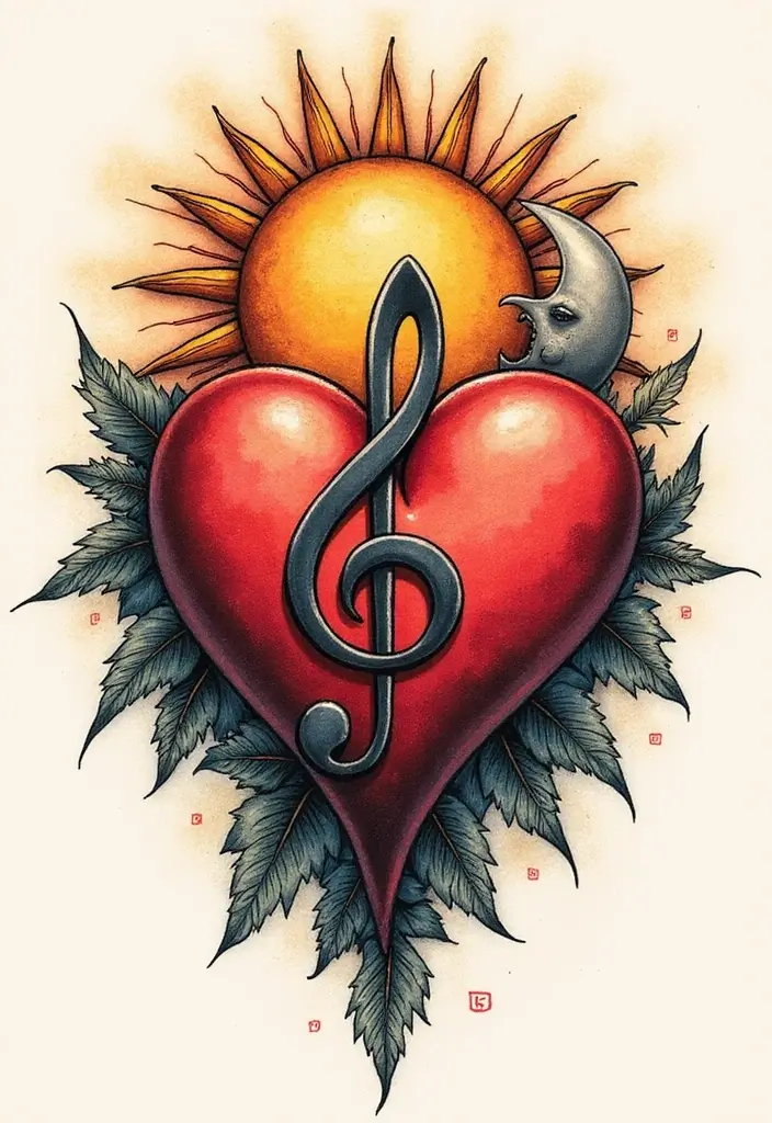 30 Treble Clef and Bass Clef Heart Tattoo Ideas for Music Lovers - 19. Clef Heart with Sun and Moon