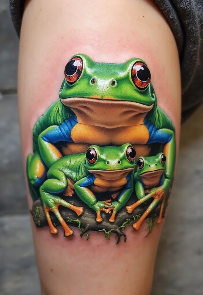 30 Tree Frog Tattoos with Playful and Unique Vibes - 18. Tree Frog Family Tattoo