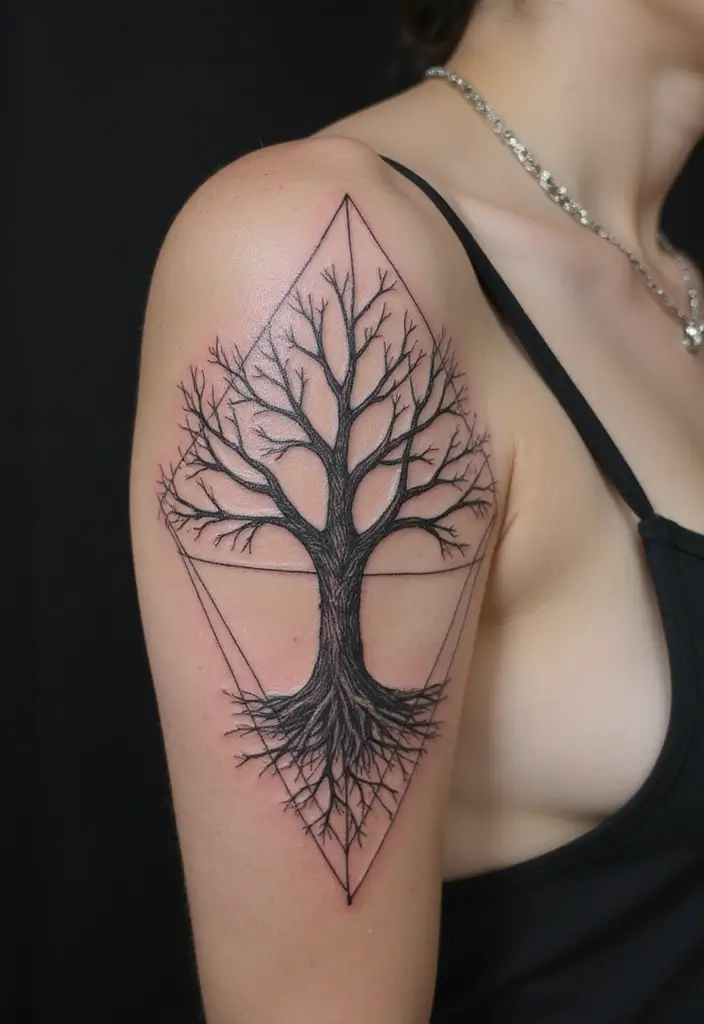 30 Tree on Shoulder Tattoo Ideas That Look Stunning - 18. Sacred Geometry and Trees