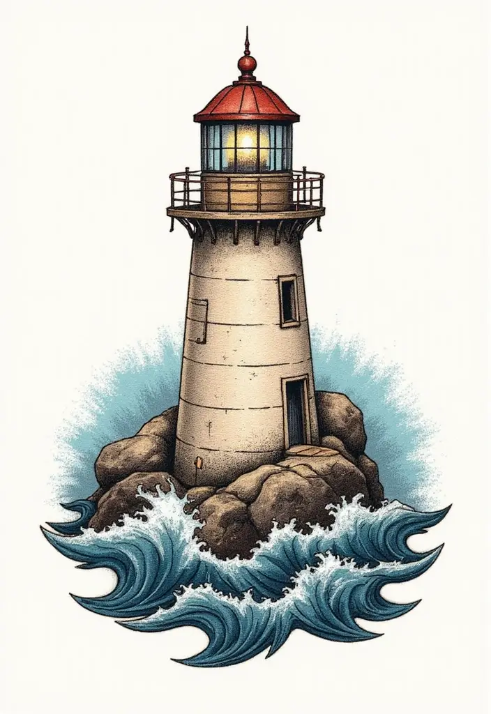 30 Beach Tattoos for Guys with Laid-Back and Cool Vibes - 19. Vintage Lighthouse