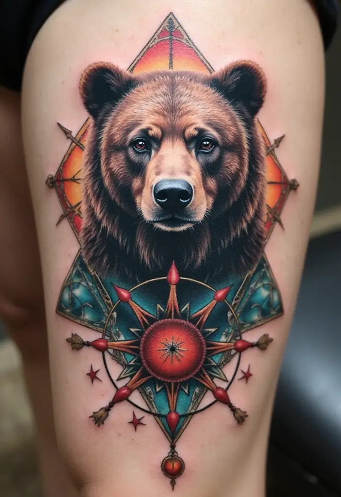 30 Bear Shoulder Tattoo Inspirations with Power and Strength - 19. Bear with Sacred Geometry