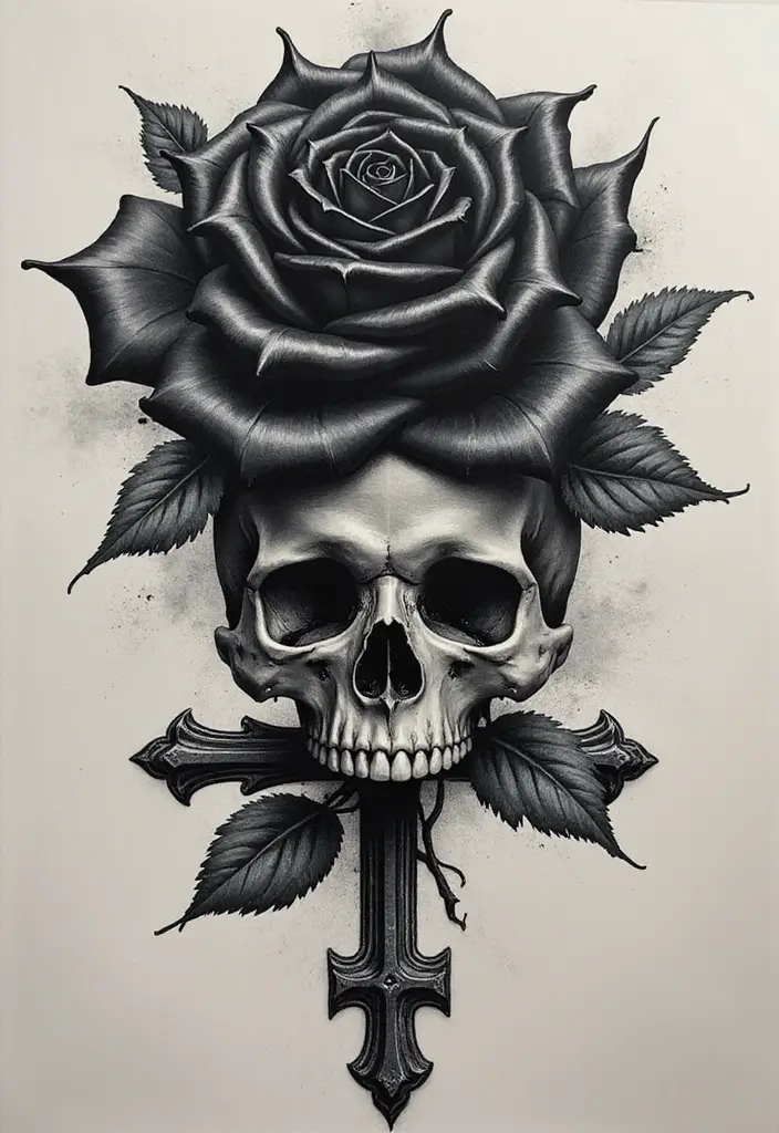 30 Black Rose Tattoo Meaning and Design Inspirations - 19. Black Rose with Skull and Rose on a Cross