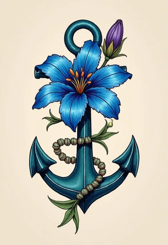 30 Blue Lily Tattoo Designs That Look Elegant - 19. Blue Lily and Anchor Tattoo