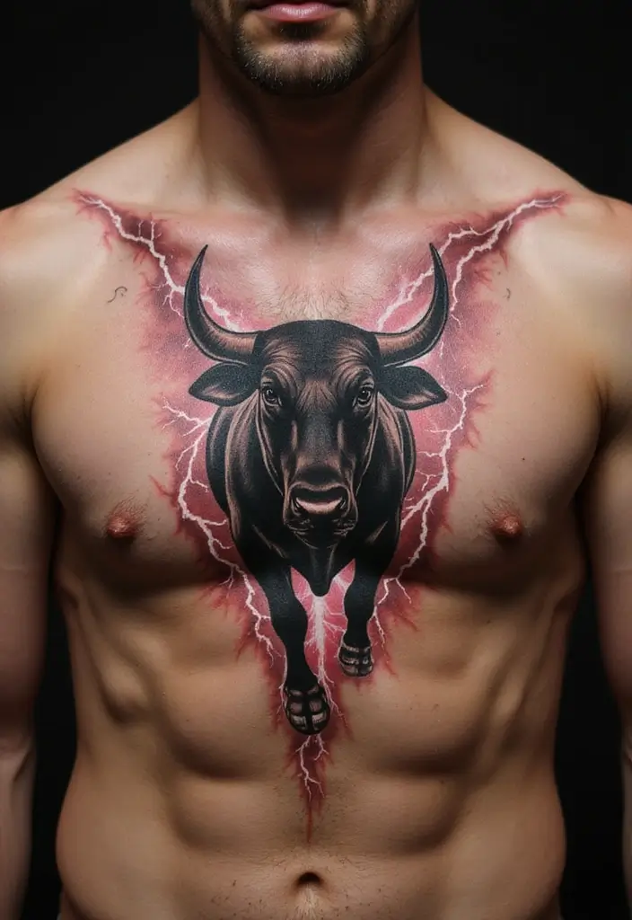 30 Bull Tattoo Chest Ideas Full of Strength - 19. Bull with Lightning