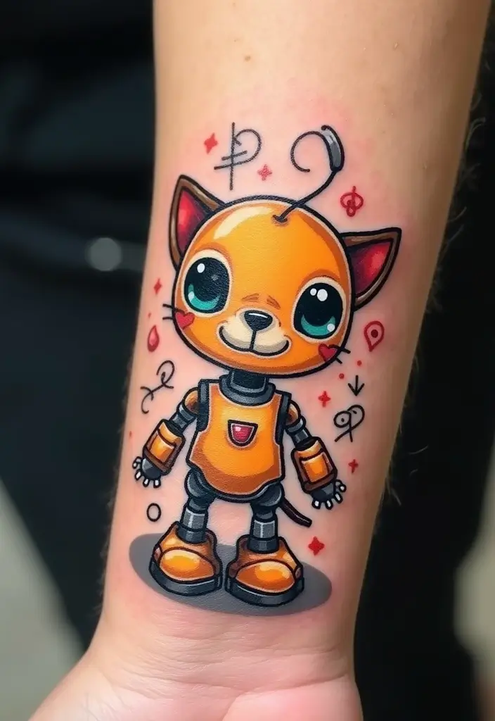 30 Cartoon Tattoo Ideas That Are Fun and Creative - 19. Cute Robot Pets