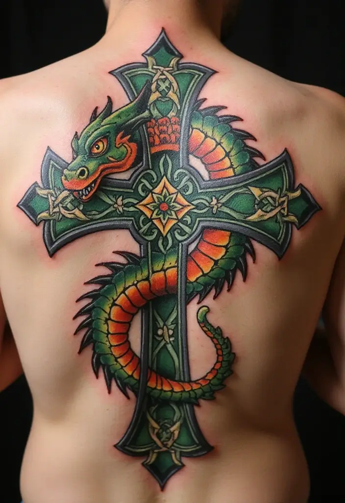 30 Celtic Cross Tattoos with Deep Spiritual Significance - 19. Celtic Cross with a Dragon