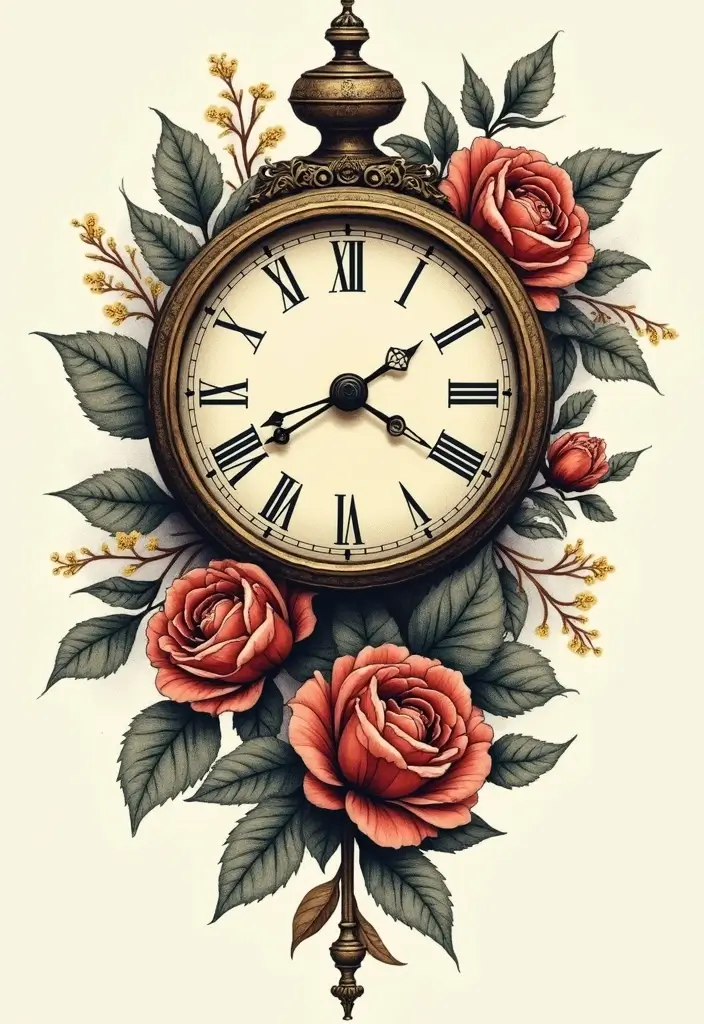 30 Clock and Rose Tattoos That Symbolize Time and Love - 19. Clock with Vintage Floral Patterns