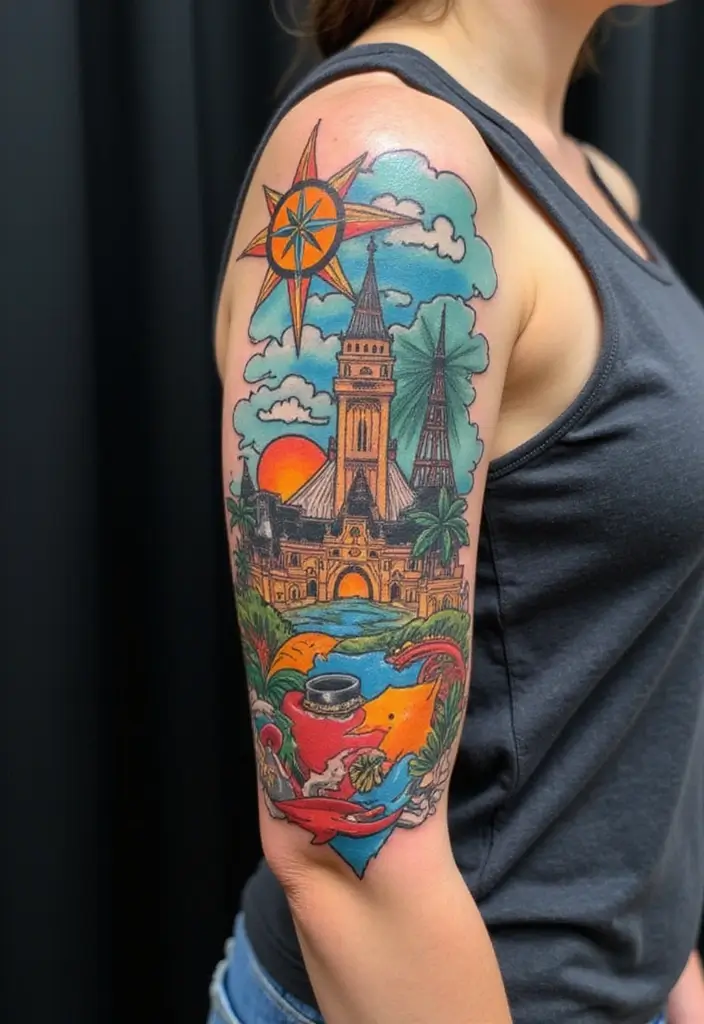 30 Colorful Arm Tattoos That Pop with Style - 19. Travel Inspirations
