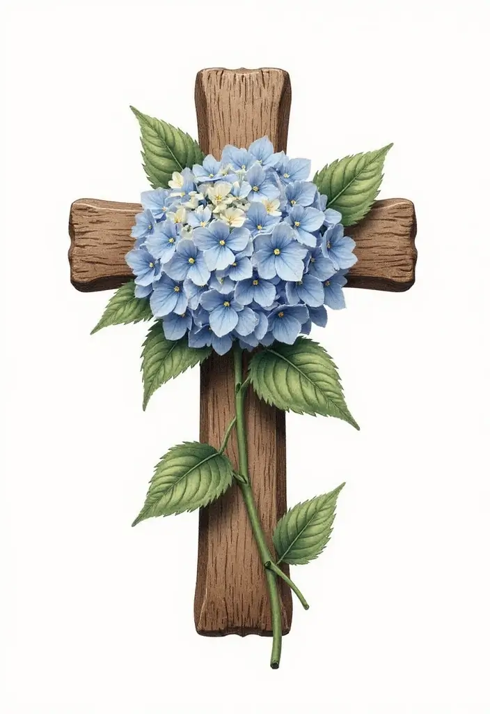 30 Cross with Flowers Tattoo Ideas That Blend Faith and Beauty - 19. Cross with Hydrangea Flowers