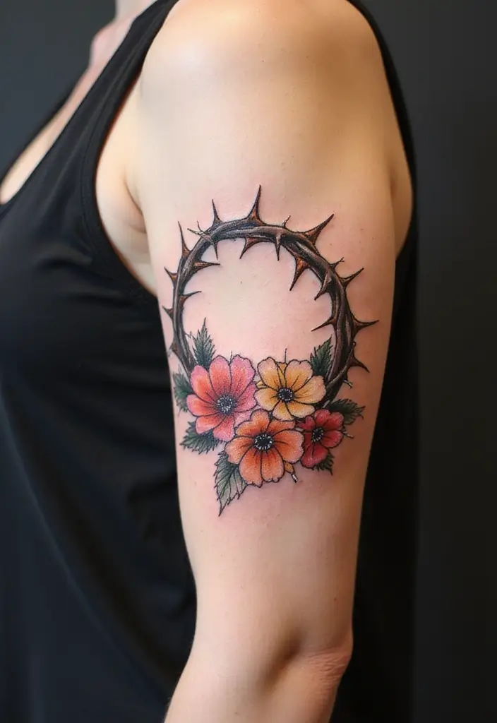 30 Crown of Thorns Bicep Tattoo Inspirations You’ll Admire - 19. Heartfelt Remembrance