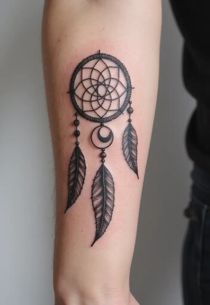 30 Dream Catcher Tattoo Ideas for Men with Protective Energy - 19. Dream Catcher with a Crescent Moon