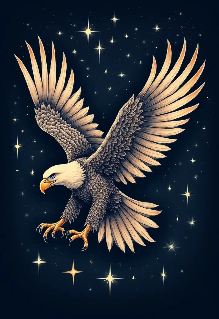 30 Eagle Tattoo Ideas That Represent Power and Courage - 19. Eagle with Stars