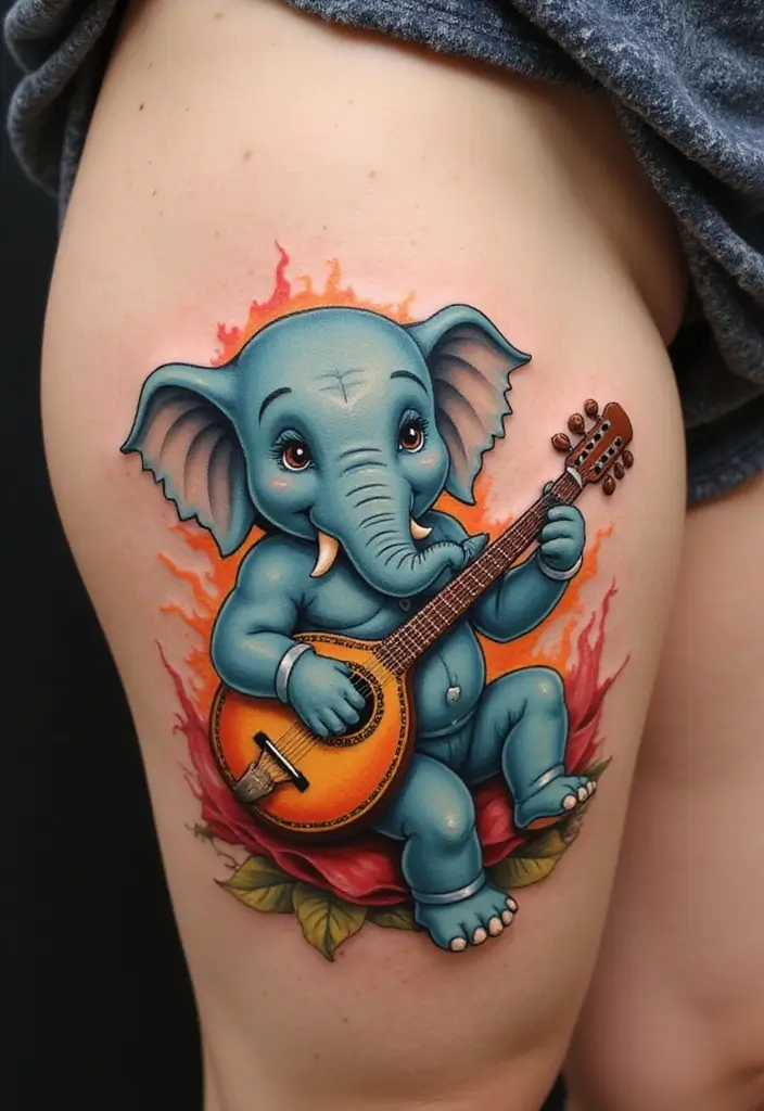 30 Elephant Tattoo Designs That Represent Strength and Wisdom - 19. Elephant with Sitar