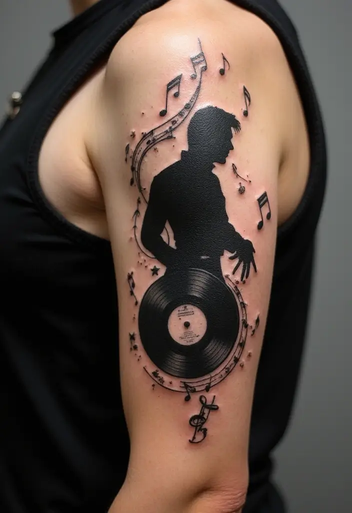 30 Elvis Silhouette Tattoo Ideas for Rock Legends - 19. Elvis and a Vinyl Record