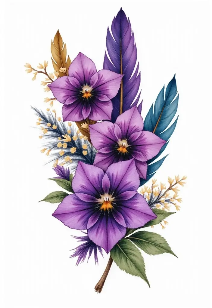 30 February Flower Tattoo Ideas with Birth Month Beauty - 19. Violets with Feathers