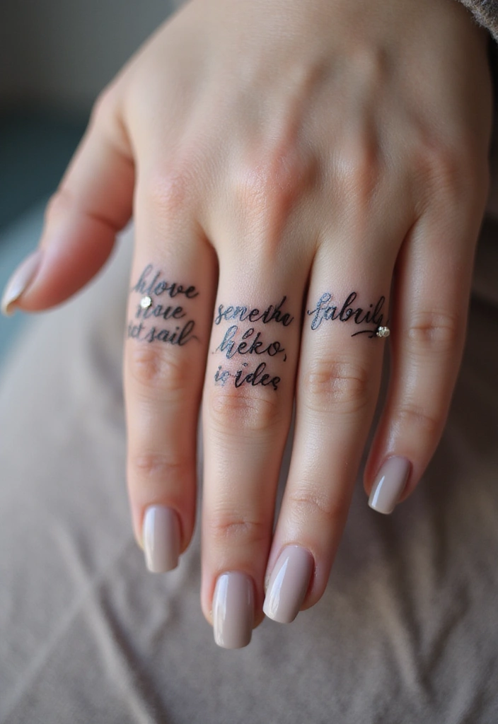 30 Finger Tattoo Ideas for Females That Look Stylish - 19. Script Words or Phrases