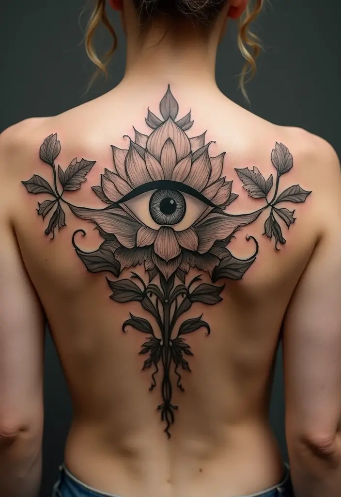 30 Greek Eye Tattoo Meaning and Stunning Design Ideas - 19. Greek Eye with Lotus Flower