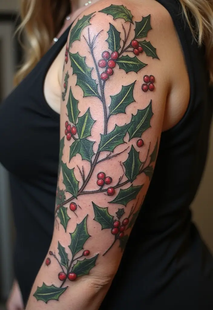 30 Holly Tattoo Meaning and Creative Design Ideas - 19. Holly Sleeve Tattoo