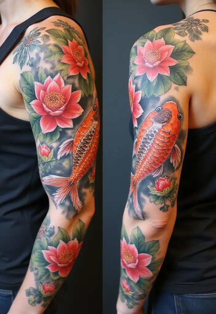 30 Japanese Sleeve Tattoo Designs for Bold Ink Lovers - 19. Lotus and Koi Combo