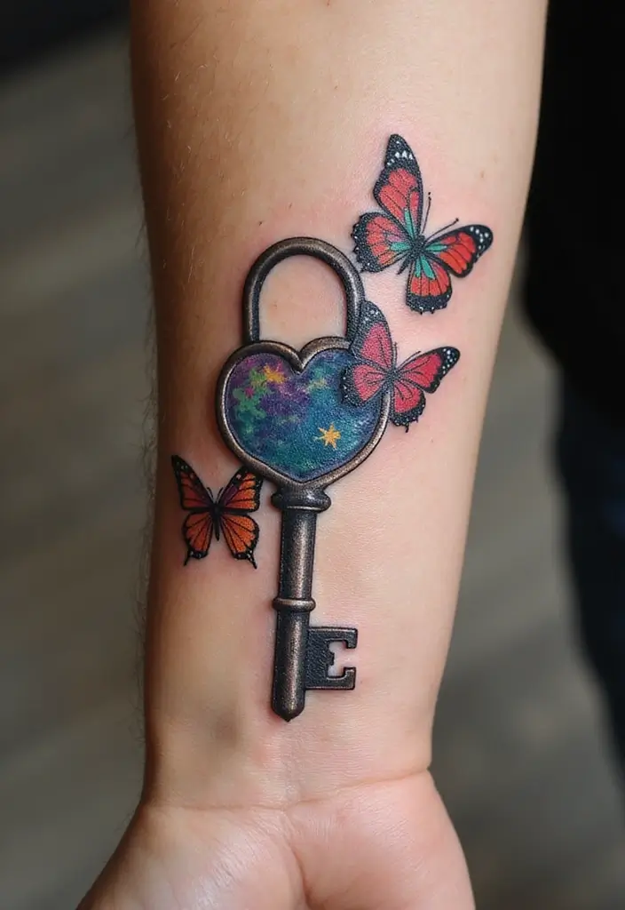 30 Key Lock Tattoo Ideas Symbolizing Love and Mystery - 19. Key Lock with Butterflies