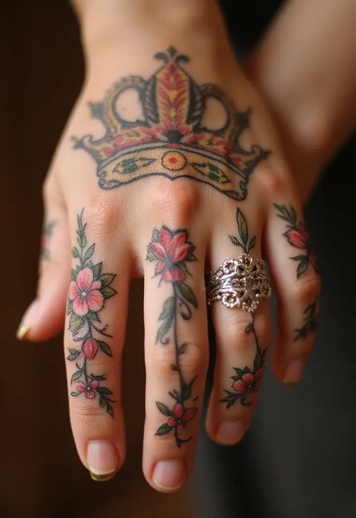 30 King and Queen Tattoos Finger Designs for Couples - 19. Crown with Flowers and Vines