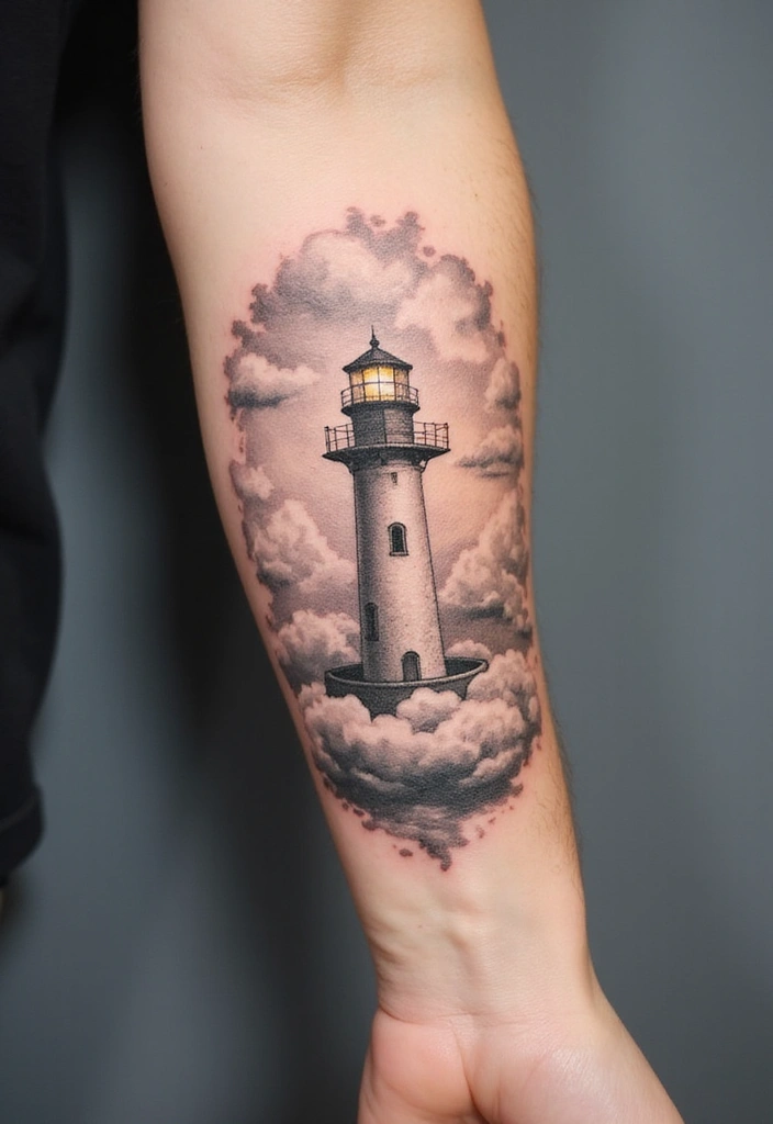 30 Lighthouse Forearm Tattoo Ideas That Guide the Way - 19. Lighthouse with Clouds